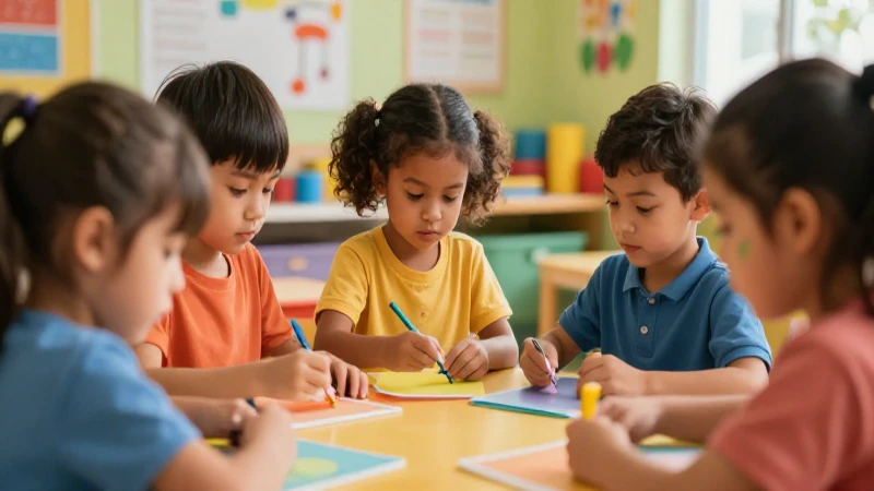 Niños aprenden y juegan en colores cálidos