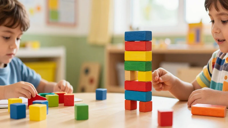 Niños construyen torres con bloques coloridos