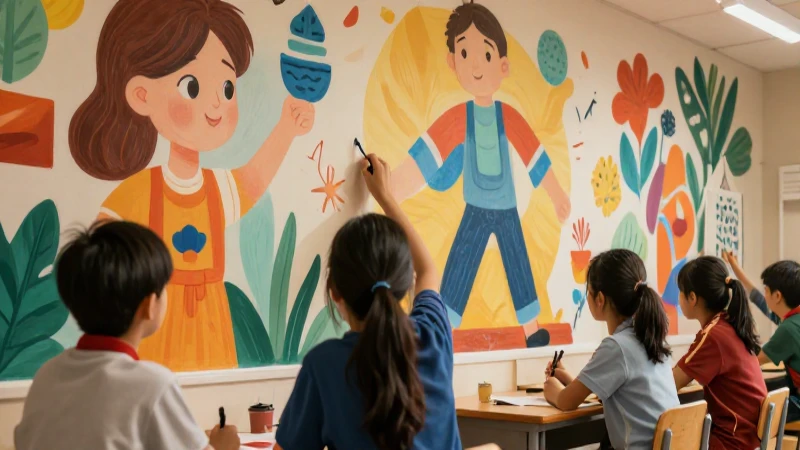 Ilustración académica vibrante y moderna sobre estudiantes