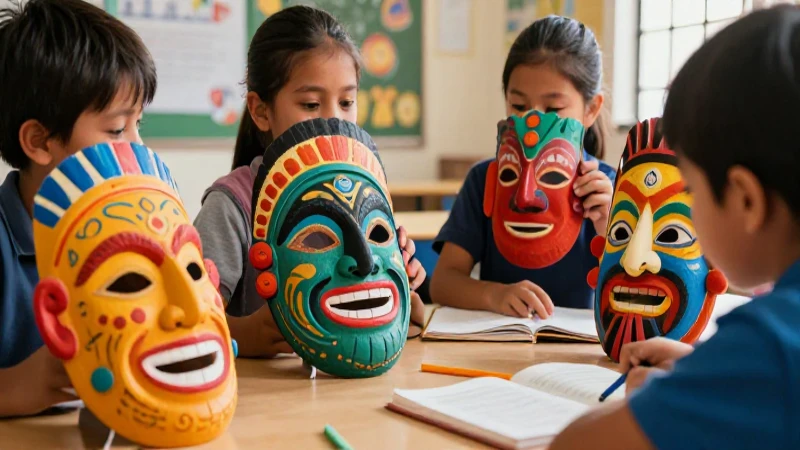 Ilustración educativa mexicana: niños y máscaras vibrantes
