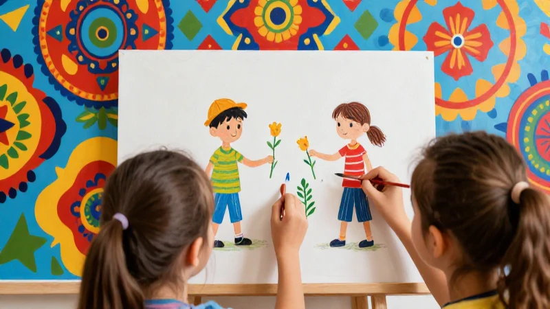 Niños pintan murales con colores vibrantes