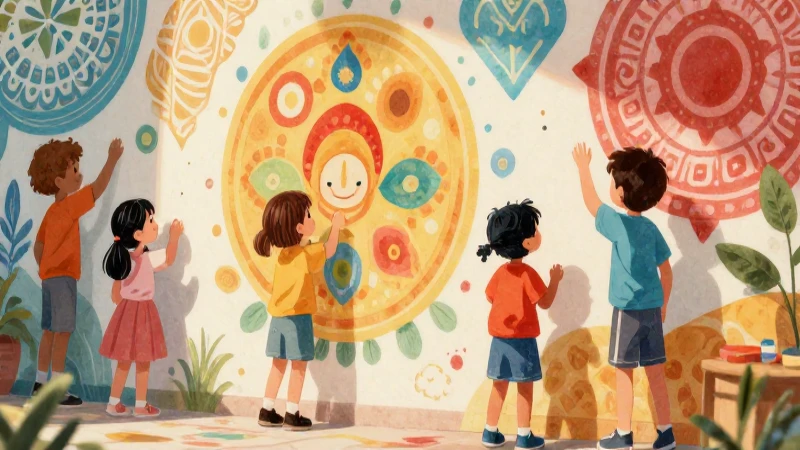 Niños felices exploran murales coloridos y vibrantes