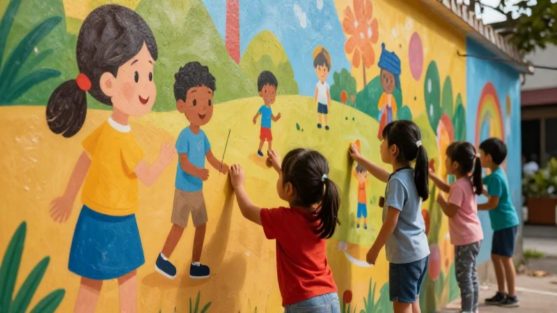 Niños exploran un mural educativo colorido