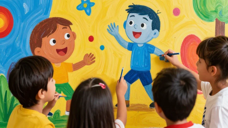 Niños pintan murales alegres y vibrantes