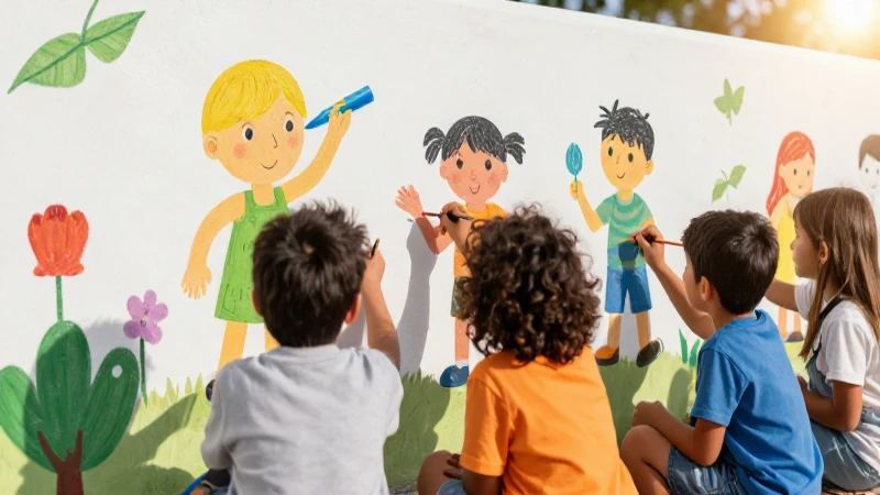 Niños pintan murales alegres al sol