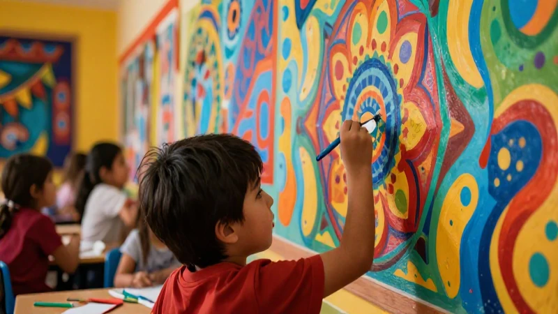 Niños pintan murales con arte folclórico mexicano