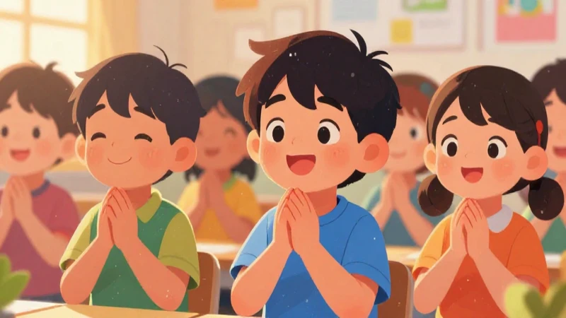 Ilustración vibrante de niños orando alegremente