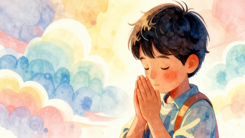 Ilustración vibrante y educativa de niño orando