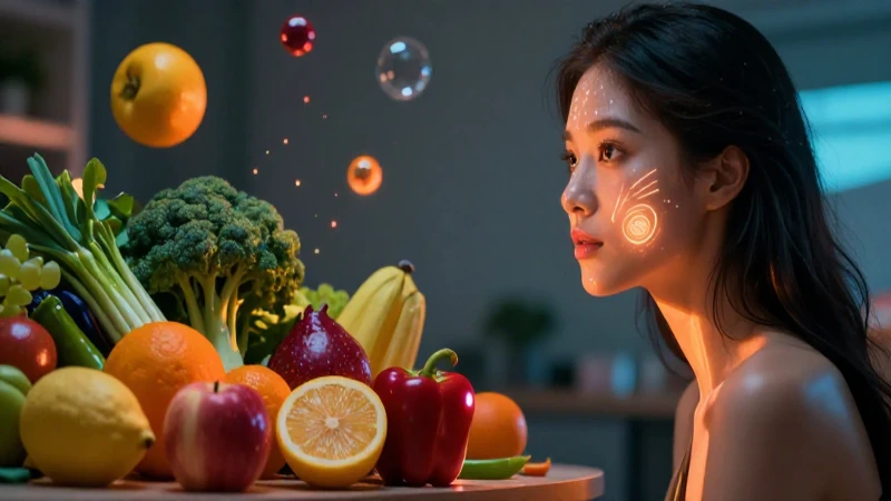 Ilustración moderna: piel radiante y alimentos vibrantes