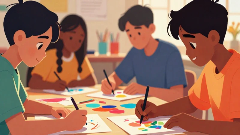 Lenguajes Primer grado de Secundaria (2025-2026) 26 Ilustración vibrante muestra adolescentes creando arte