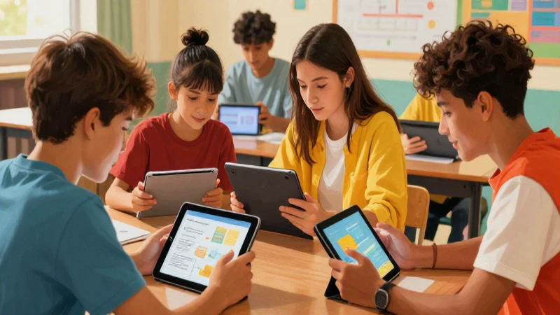 Adolescentes aprenden con tablets en aula colorida