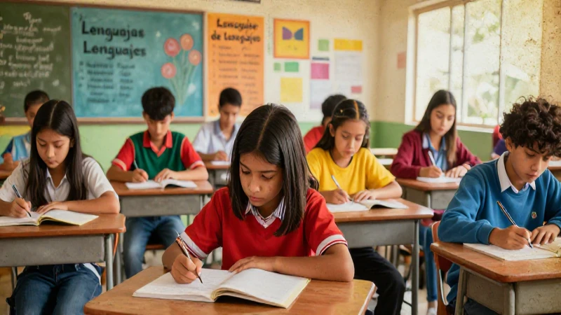 Estudiantes aprenden idiomas en aula vibrante