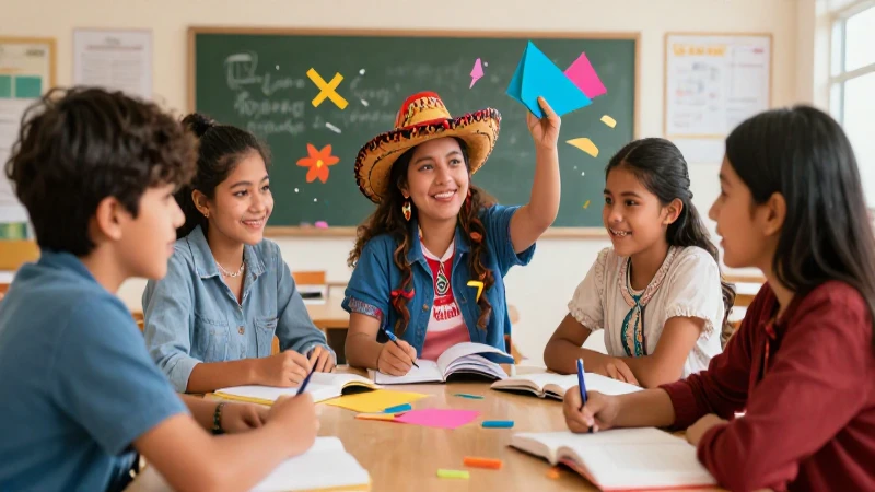 Estudiantes diversos aprenden español en un aula vibrante