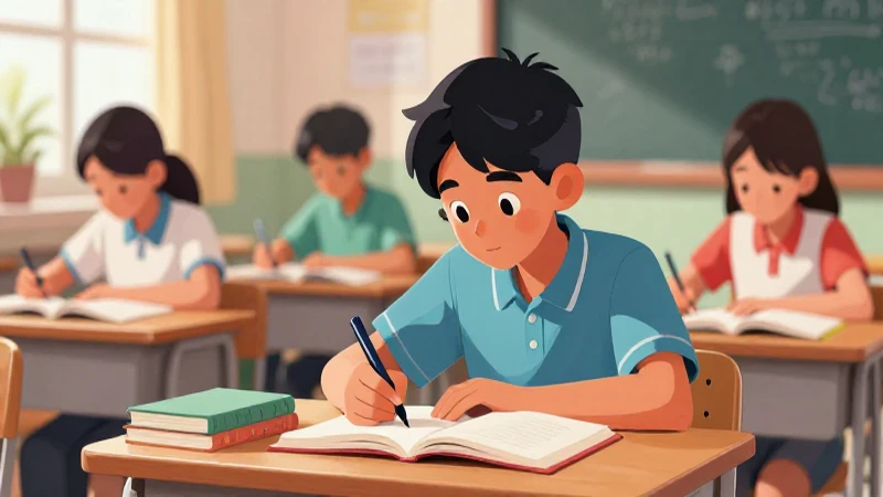 Ilustración vibrante muestra a un estudiante estudiando