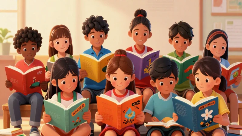 Niños diversos leen juntos, vibrante y educativo