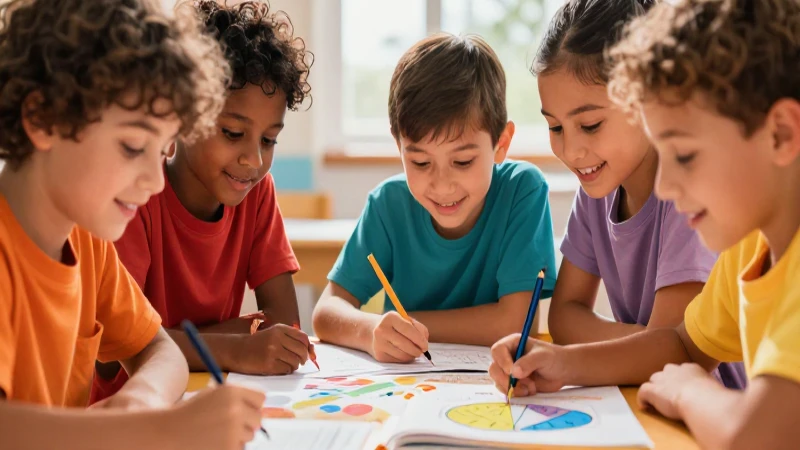 Niños aprenden juntos en ilustración vibrante y cercana