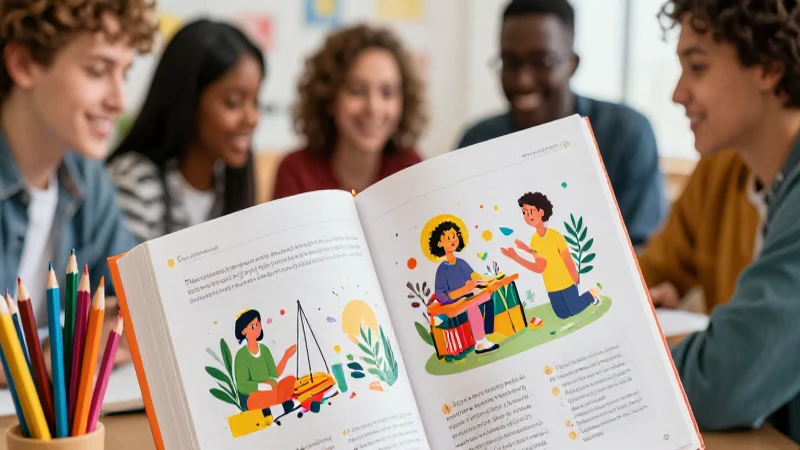 Estudiantes diversos aprenden con material didáctico moderno
