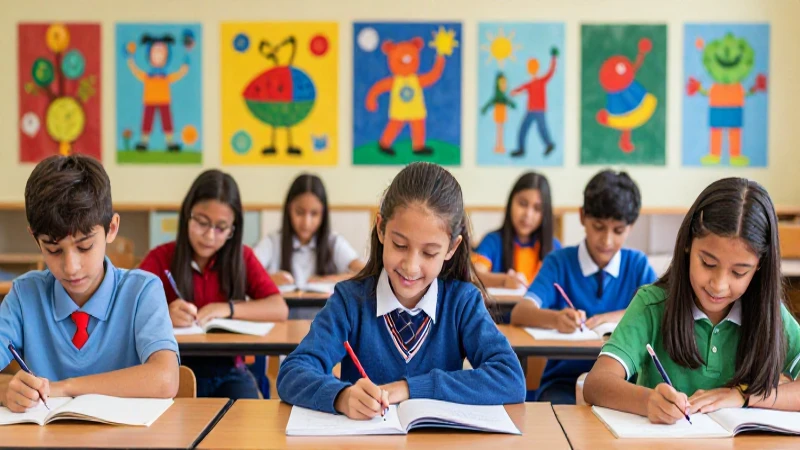 Estudiantes diversos aprenden en un aula vibrante