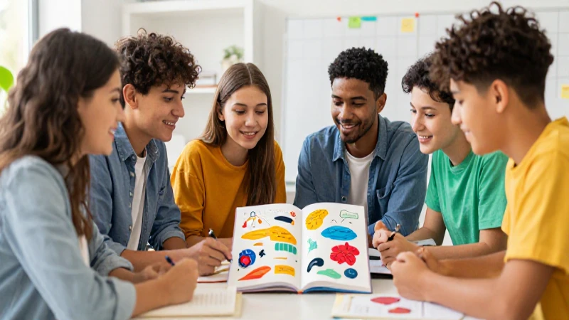 Estudiantes diversos colaboran en proyecto colorido y moderno