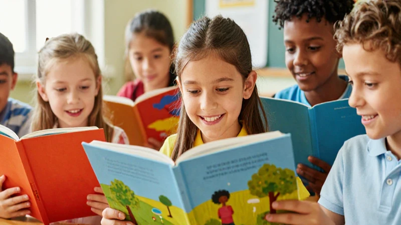 Niños leen libros alegres en clase
