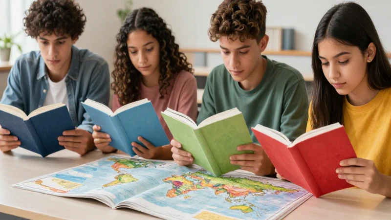 Estudiantes diversos leen en clima educativo vibrante