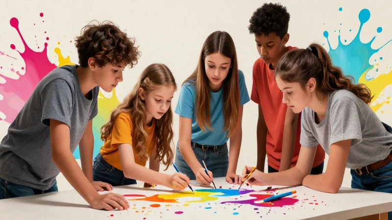 Jóvenes artistas ilustran dinámicamente en equipo