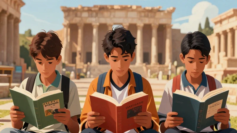 Ilustración estilizada: estudiantes, ruinas y libros