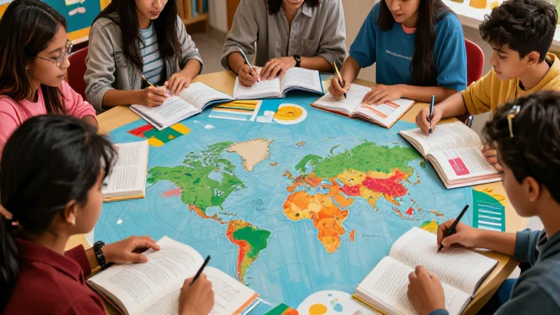 Adolescentes diversos aprenden idiomas en colores vibrantes