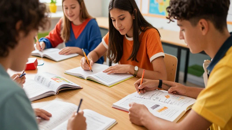 Jóvenes estudiantes en ilustración didáctica vibrante