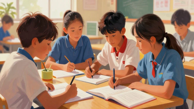 Ilustración educativa vibrante con estudiantes aprendiendo