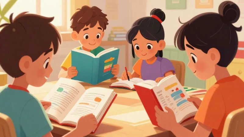 Niños alegres leen libros con colores vivos