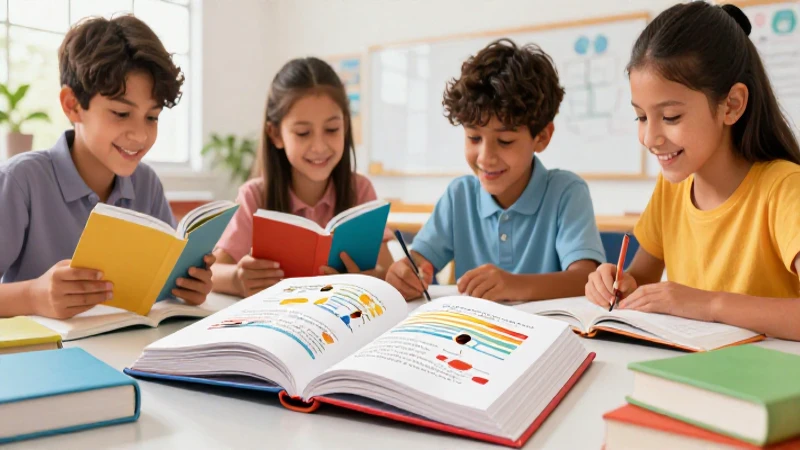 Estudiantes aprenden con ilustraciones brillantes y alegres