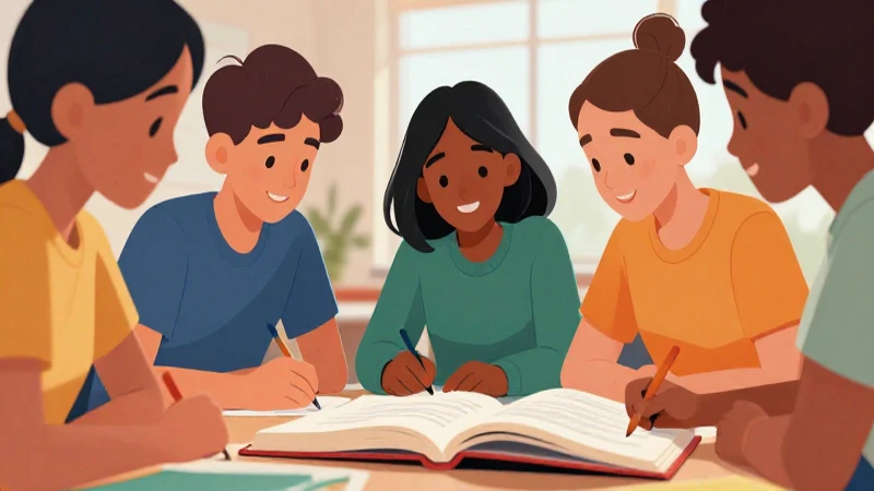 Estudiantes diversos estudian con entusiasmo y color