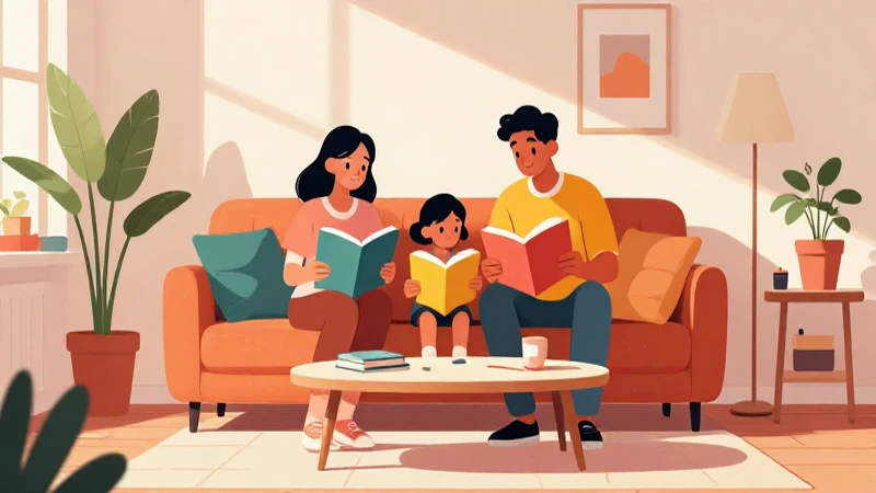 Familia lee junta en ambiente soleado