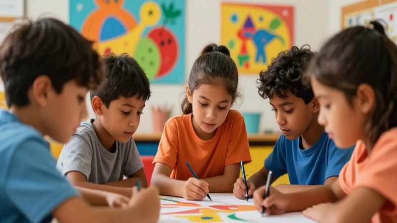 Niños diversos colaboran en proyecto colorido