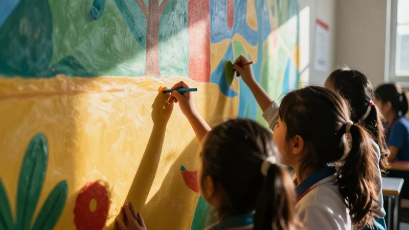 Niños pintan un colorido mural escolar