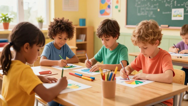 Niños diversos crean arte en clase