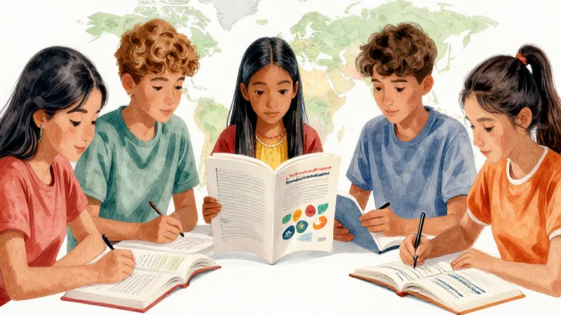 Estudiantes aprenden idiomas en vibrante ilustración académica