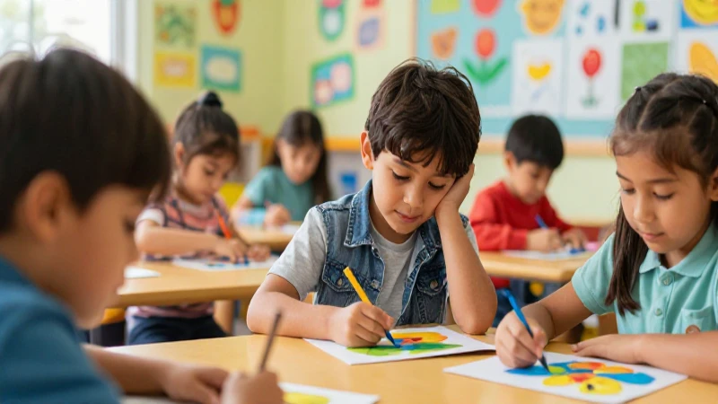 Niños aprenden en aula colorida y dinámica
