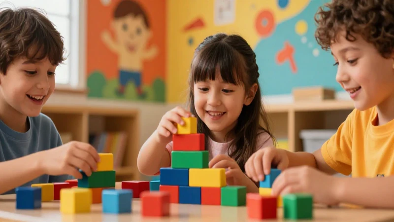 Niños felices juegan con bloques vibrantes