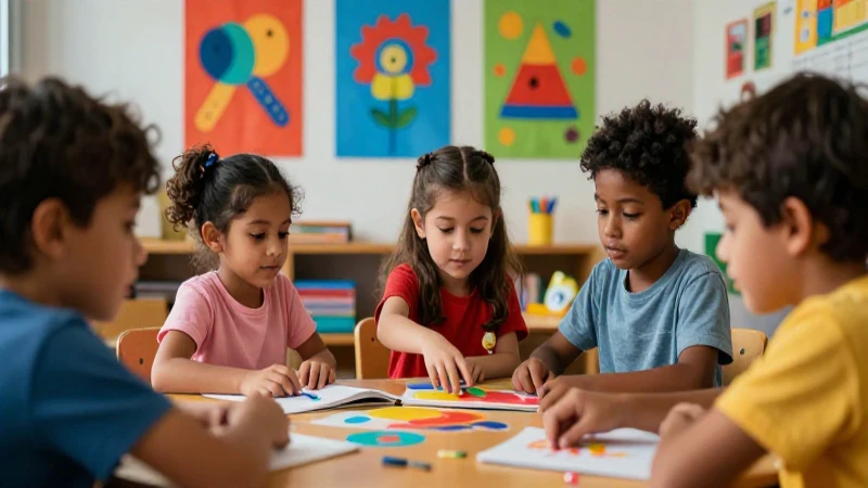 Niños aprenden alegres en aula colorida