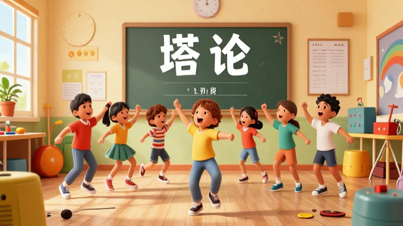 Aula vibrante con niños bailando y música