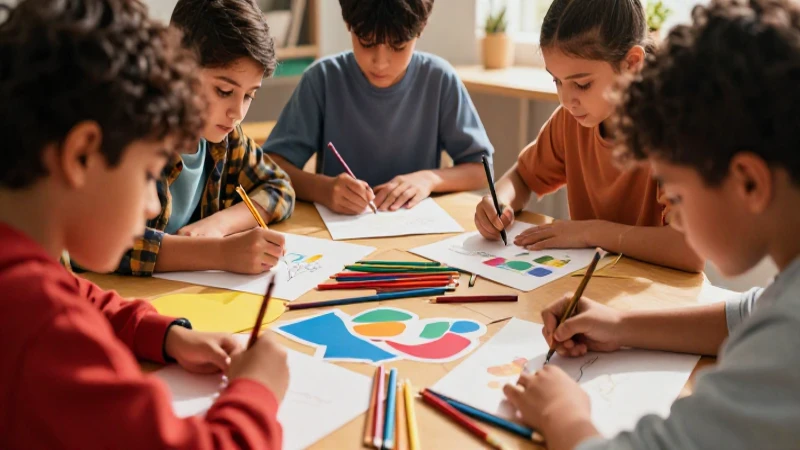 Ilustración vibrante muestra alumnos creando juntos