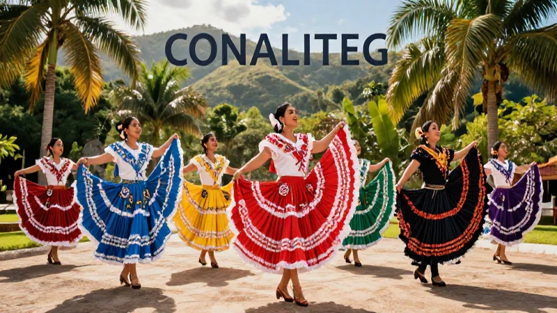 Bailarines mexicanos con vestimenta llamativa y paisaje tropical