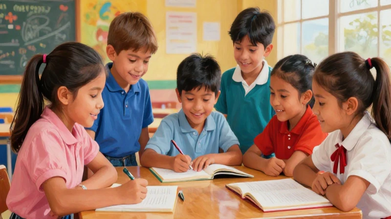 Ilustración mexicana escolar: niños aprenden juntos