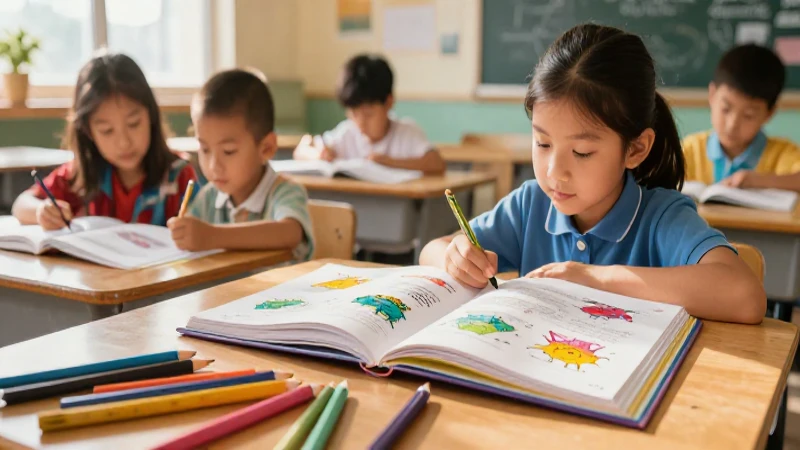 Aula luminosa: niños y libros, arte vibrante