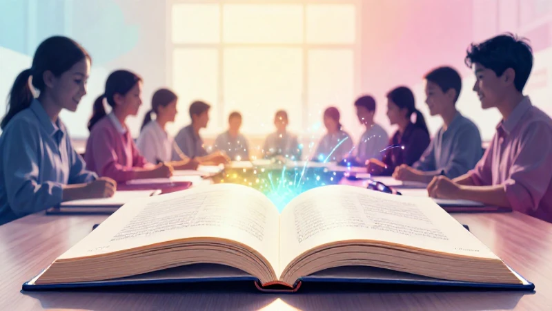 Aula vibrante, estudiantes sonríen y el libro brilla