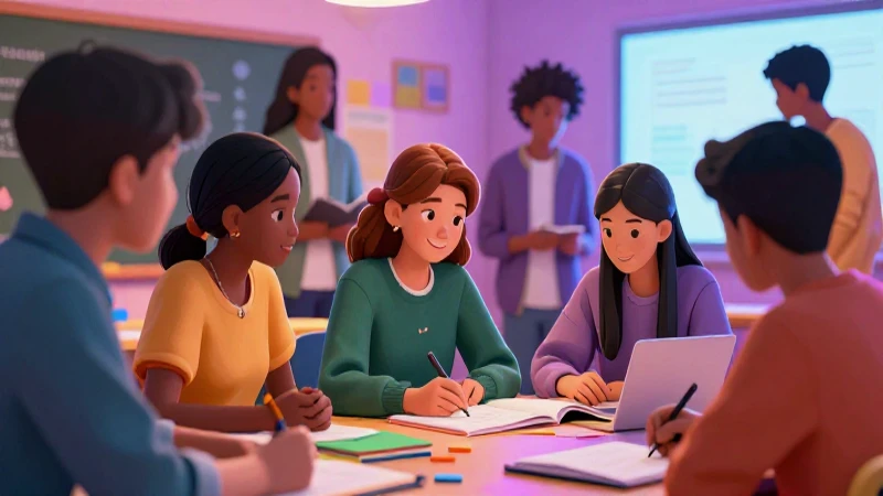 Estudiantes diversos aprenden proyectos con colores vibrantes