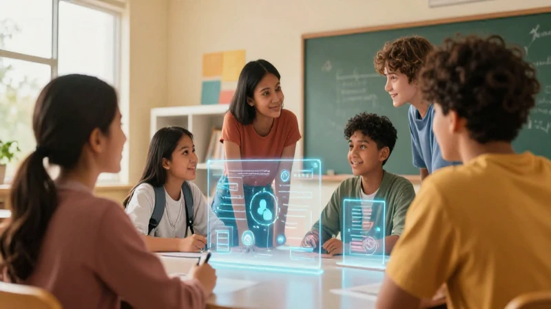 Aula animada con estudiantes y hologramas brillantes
