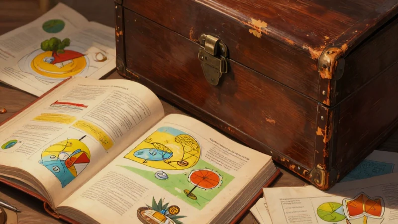 Caja antigua con libros y arte académico